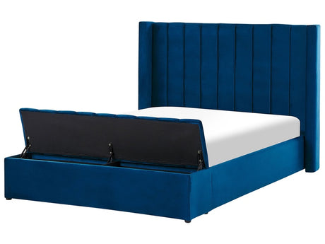 EU Double Size Waterbed Blue Velvet 4ft6 with Mattress High Headrest with Storage Bench Beliani