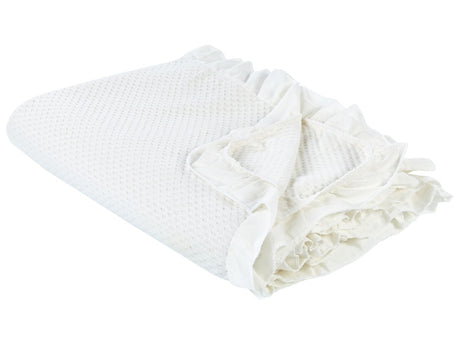 Bedspread White Cotton 220 x 200 cm with a Frill Decorative Throw Bedding Bedroom Beliani