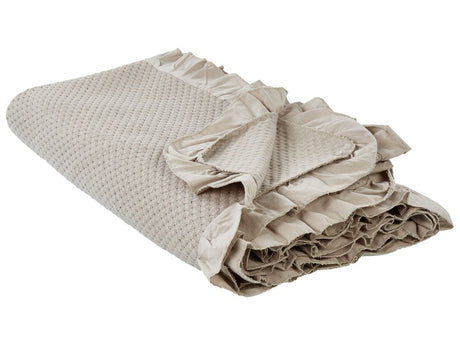 Bedspread Taupe Cotton 220 x 200 cm with a Frill Decorative Throw Bedding Bedroom Beliani