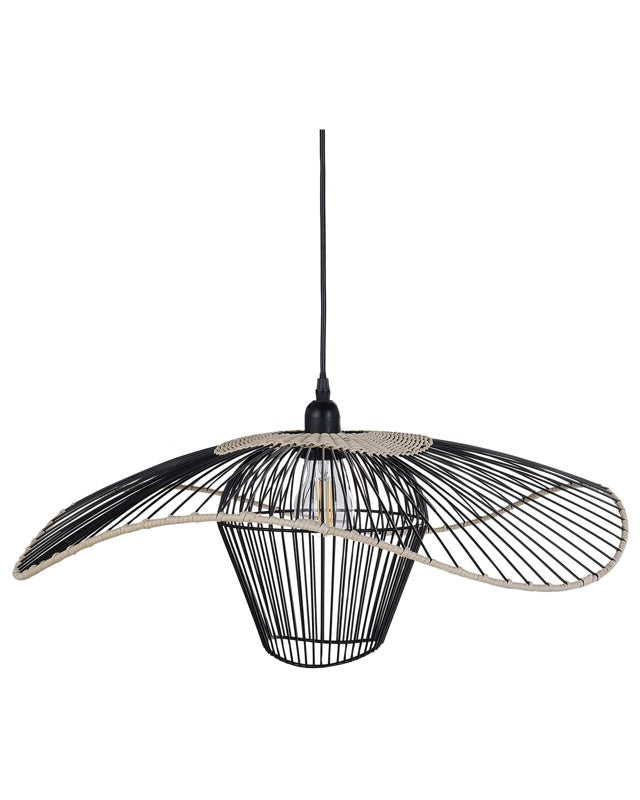 Pentant Lamp Black Iron and Rattan Shade Lighting Hanging Light Beliani