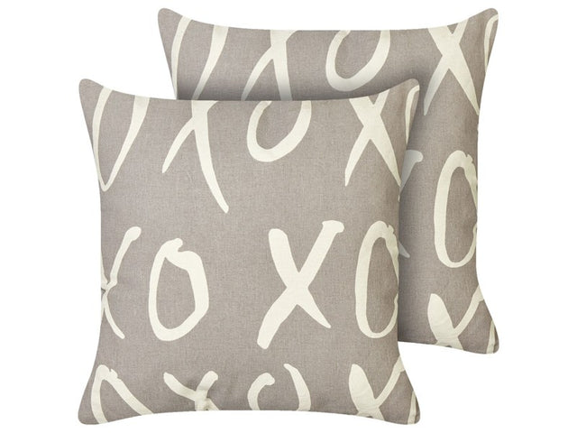 Set of 2 Scatter Cushions Grey Cotton 45 x 45 cm Throw Pillows with Text XO Pattern Printed Beliani