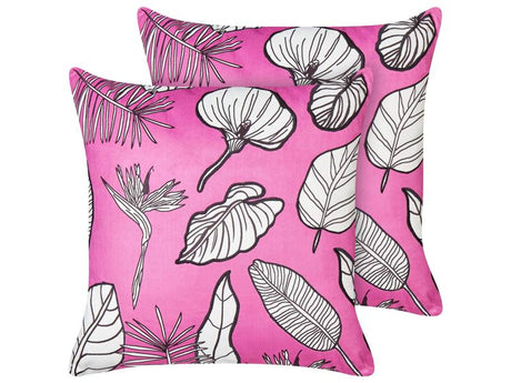 Set of 2 Scatter Cushions Pink Cotton 45 x 45 cm Throw Pillows Cotton Leaf Pattern Cover Beliani