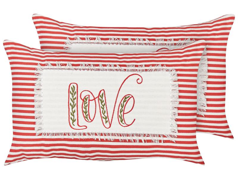 Set of 2 Scatter Cushions Red and White Cotton 30 x 50 cm Throw Pillows Cotton Striped Pattern Cover Beliani