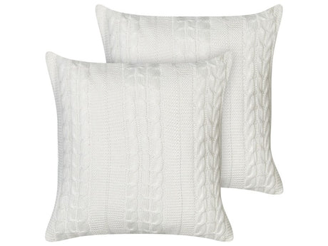 Set of 2 Scatter Cushions White Cotton 45 x 45 cm Throw Pillows Cotton Braided Pattern Cover Beliani