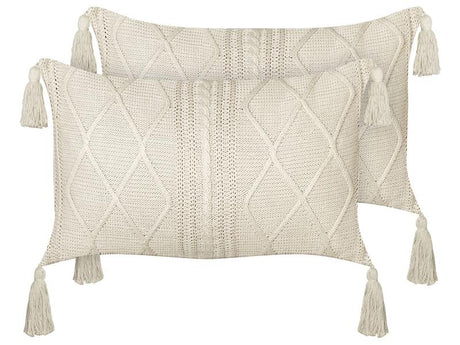 Set of 2 Scatter Cushions Light Beige Cotton 30 x 50 cm Throw Pillows Cotton Braided Pattern Cover Beliani