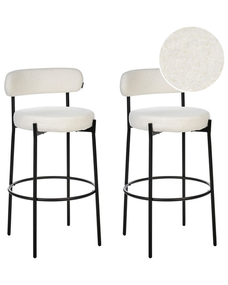 Set of 2 Bar Stools White Boucle Black Steel Legs Modern Design Dining Room Seating Beliani