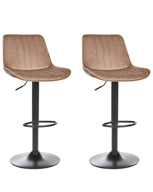 Set of 2 Bar Stools Light Brown Velvet Height Adjustable with Swivel and Footrest Beliani