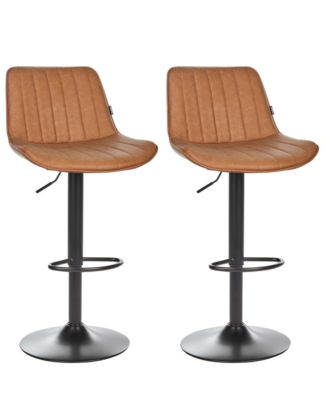 Set of 2 Bar Stools Brown Faux Leather Height Adjustable with Swivel and Footrest Beliani