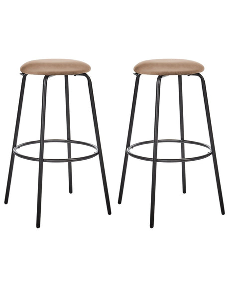 Set of 2 Bar Stools Light Brown Velvet with Footrest Kitchen Island Chair Beliani