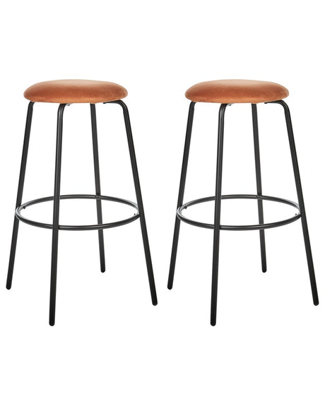 Set of 2 Bar Stools Orange Velvet with Footrest Kitchen Island Chair Beliani