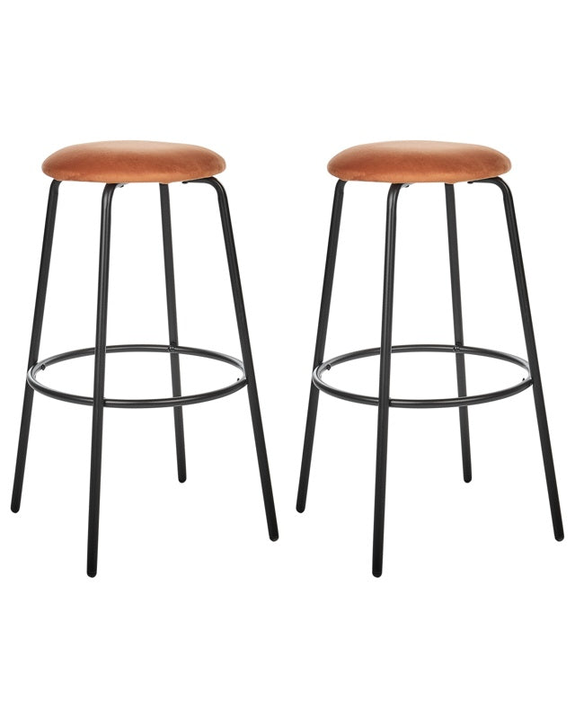 Set of 2 Bar Stools Orange Velvet with Footrest Kitchen Island Chair Beliani