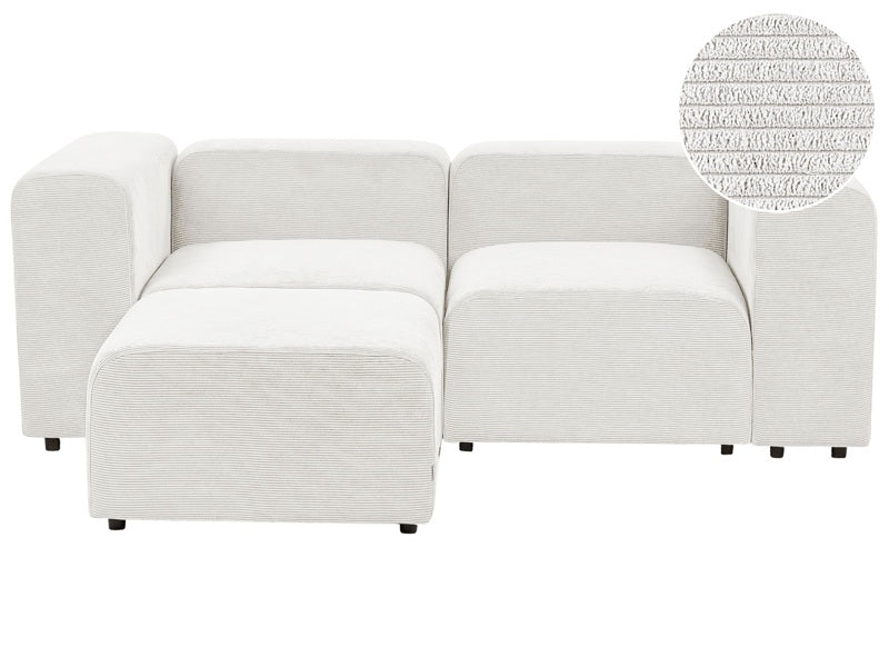 2 Seater Modular Sofa with Ottoman White Corduroy Sectional Couch Sofa with Black Legs Modern Living Room Beliani