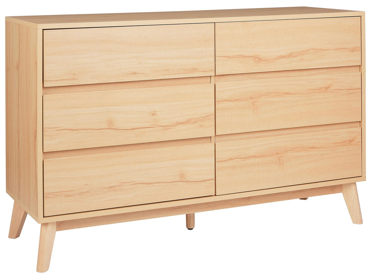 Chest of Drawers Light Wood Particle Board 6 Drawers Pine Wood Legs Modern Design Bedroom Living Room Beliani