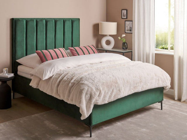 Bed Frame Dark Green Velvet EU Double Size 4ft6 with Ottoman Storage Padded Headboard Black Metal Legs Beliani