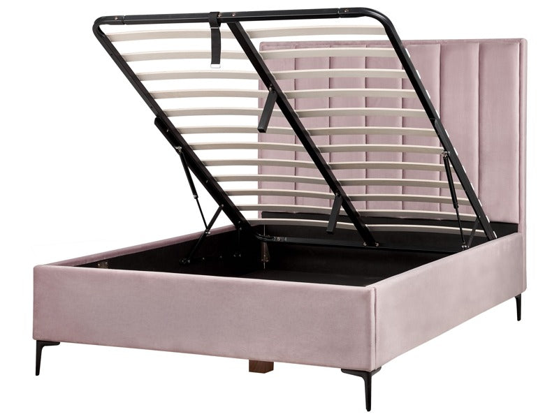 Bed Frame Pink Velvet EU Double Size 4ft6 with Ottoman Storage Padded Headboard Black Metal Legs Beliani