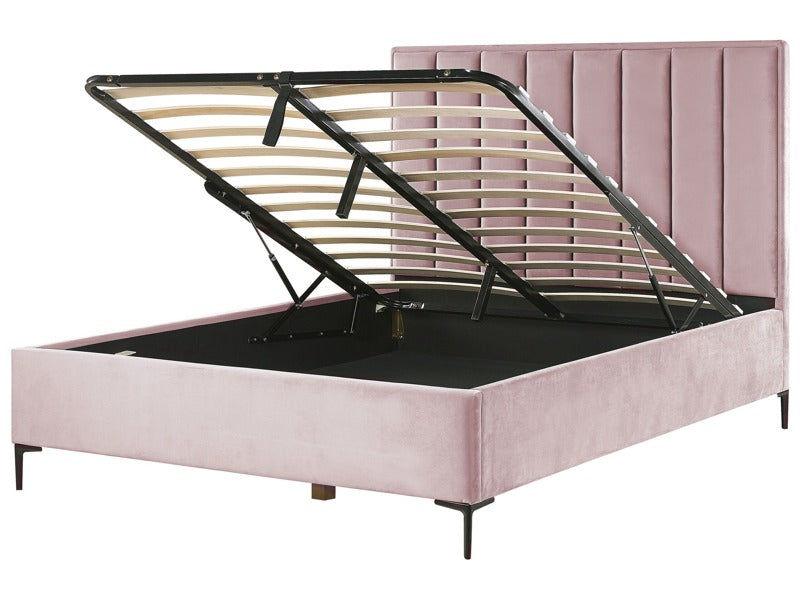 Bed Frame Pink Velvet EU King Size 5ft3 with Ottoman Storage Padded Headboard Black Metal Legs Beliani