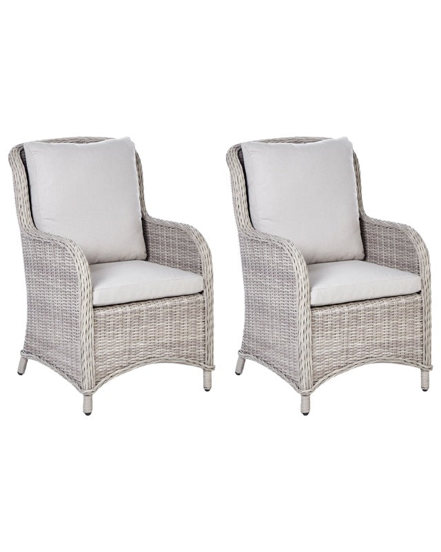 Set of 2 Garden Chairs Beige Faux Rattan 73L x 60W x 96H cm Outdoor Cushions Modern Beliani