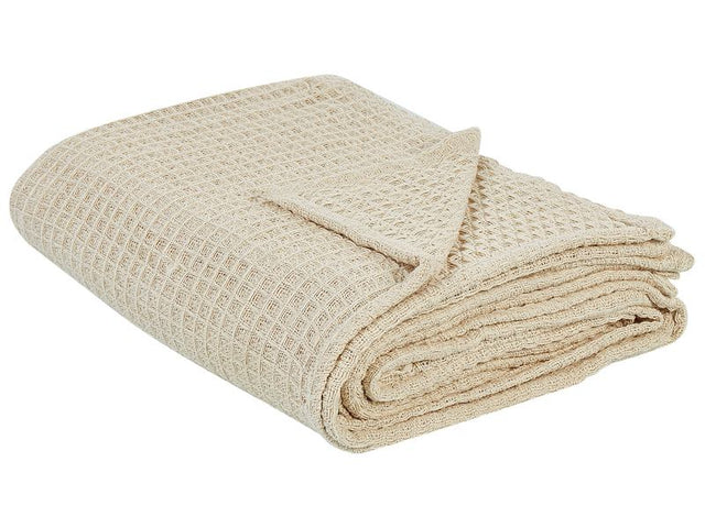 Bedspread Beige Cotton 150 x 200 cm Waffle Pattern Bed Throw Living Room Bedroom Texiles Beliani