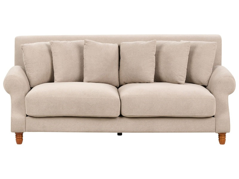 Sofa with 6 Pillows Beige Fabric Polyester Upholstery Light Wood Legs 2 Seater Vintage Style Beliani