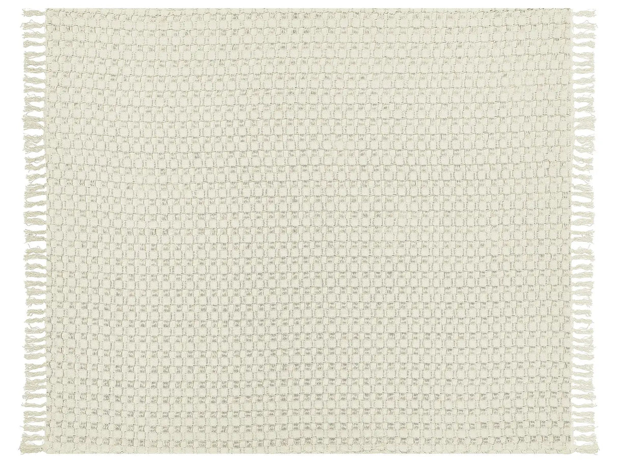 Bedspread White Cotton Fabric 220 x 240 cm with Tassels Decorative Throw Blanket Bedding Classic Design Bedroom Beliani