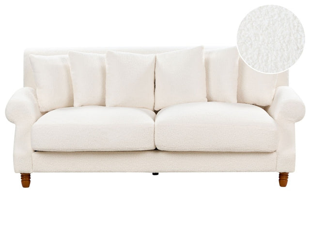 Sofa with 6 Pillows Off-White Boucle Upholstery Light Wood Legs 2 Seater Vintage Style Beliani