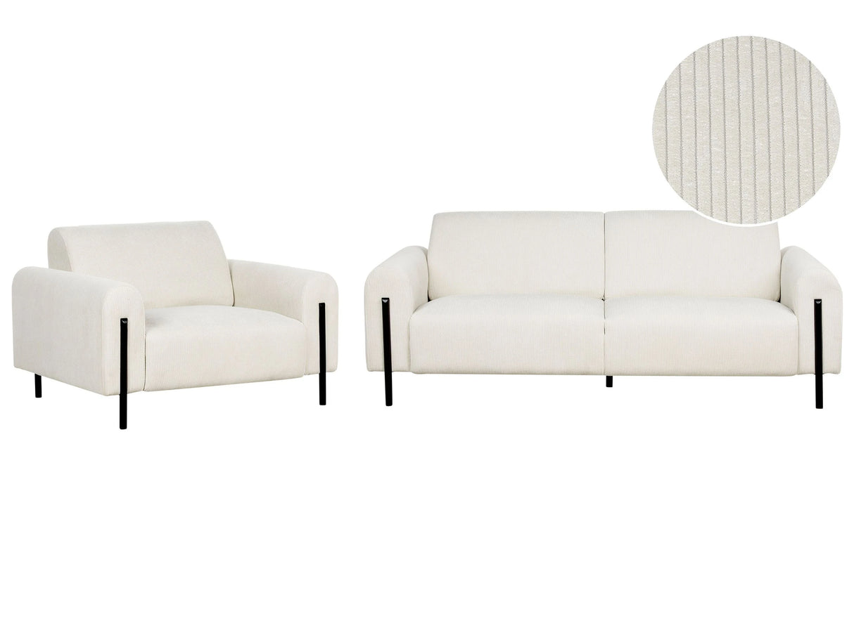 Living Room Set White Corduroy Fabric Metal Legs 3 Seater Sofa Classic Couch Armchair Settee Adjustable Backrest Modern Living Room Beliani