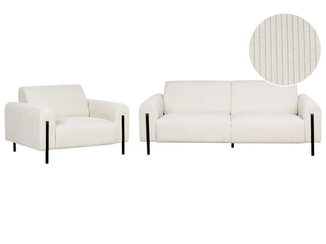 Living Room Set White Corduroy Fabric Metal Legs 3 Seater Sofa Classic Couch Armchair Settee Adjustable Backrest Modern Living Room Beliani
