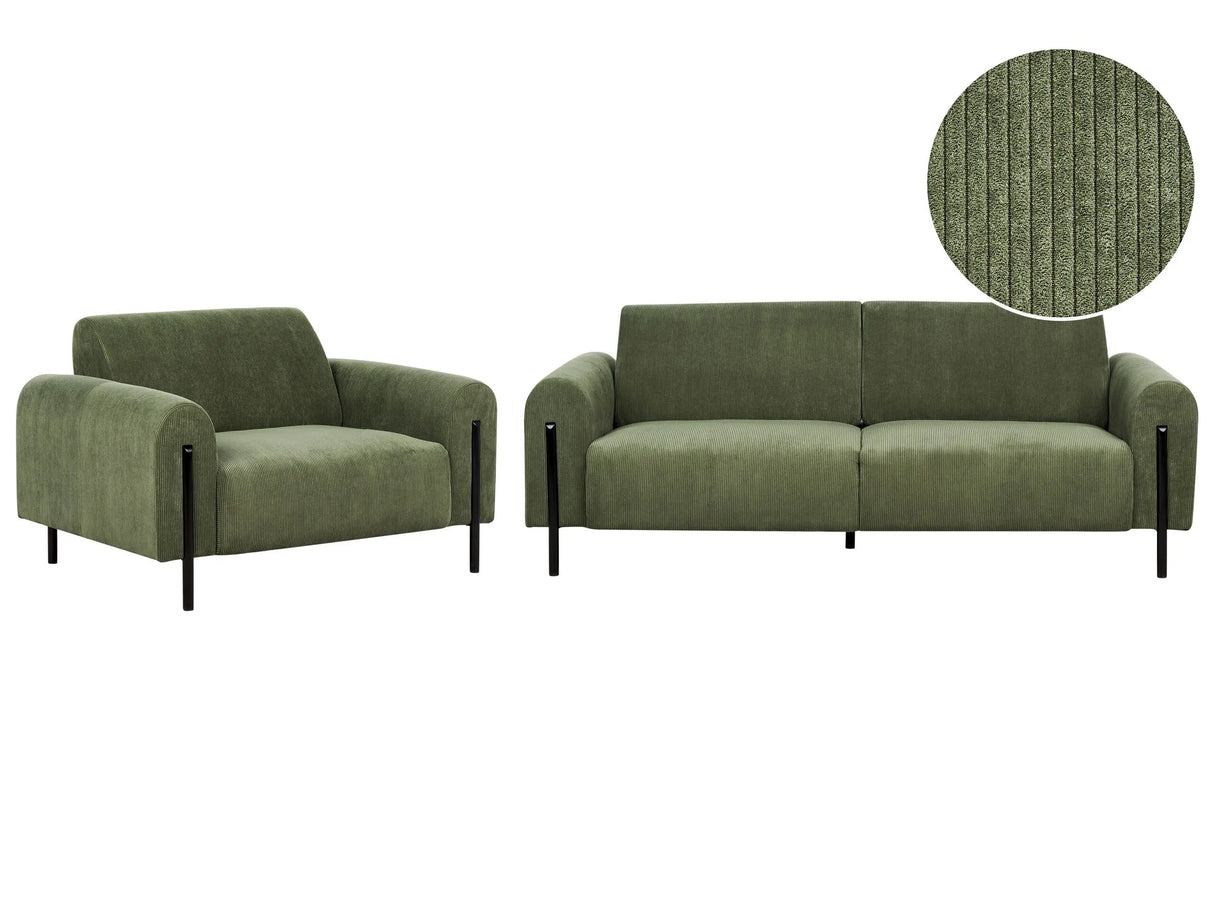 Living Room Set Green Corduroy Fabric Metal Legs 3 Seater Sofa Classic Couch Armchair Settee Adjustable Backrest Modern Living Room Beliani