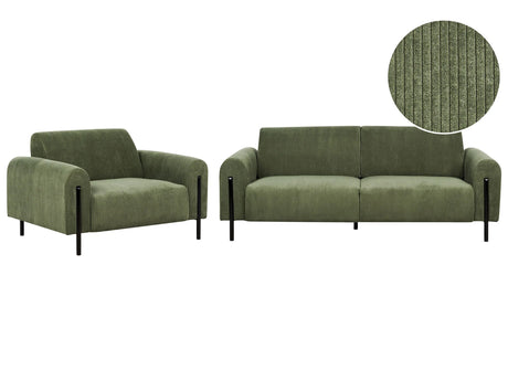 Living Room Set Green Corduroy Fabric Metal Legs 3 Seater Sofa Classic Couch Armchair Settee Adjustable Backrest Modern Living Room Beliani