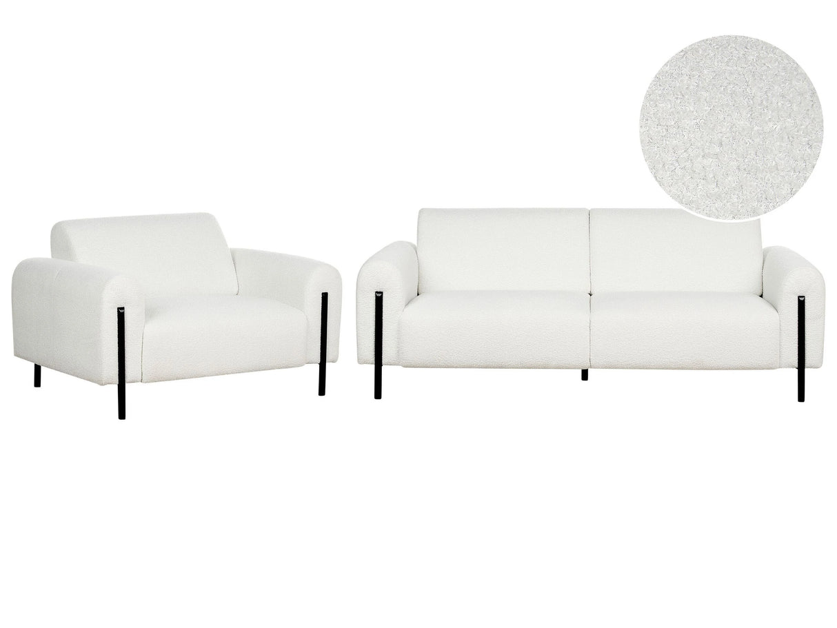 Living Room Set White Boucle Fabric Metal Legs 3 Seater Sofa Classic Couch Armchair Settee Adjustable Backrest Modern Living Room Beliani