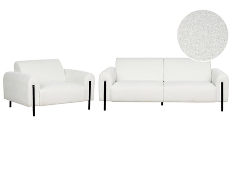 Living Room Set White Boucle Fabric Metal Legs 3 Seater Sofa Classic Couch Armchair Settee Adjustable Backrest Modern Living Room Beliani