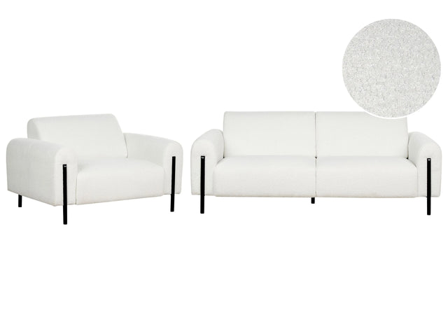 Living Room Set White Boucle Fabric Metal Legs 3 Seater Sofa Classic Couch Armchair Settee Adjustable Backrest Modern Living Room Beliani
