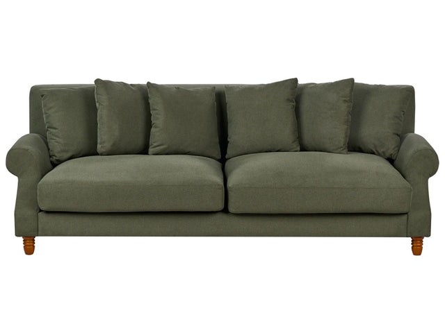 Sofa with 6 Pillows Green Fabric Polyester Upholstery Light Wood Legs 3 Seater Vintage Style Beliani