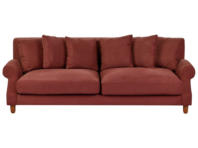 Sofa with 6 Pillows Red Fabric Polyester Upholstery Light Wood Legs 3 Seater Vintage Style Beliani