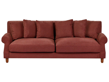 Sofa with 6 Pillows Red Fabric Polyester Upholstery Light Wood Legs 3 Seater Vintage Style Beliani