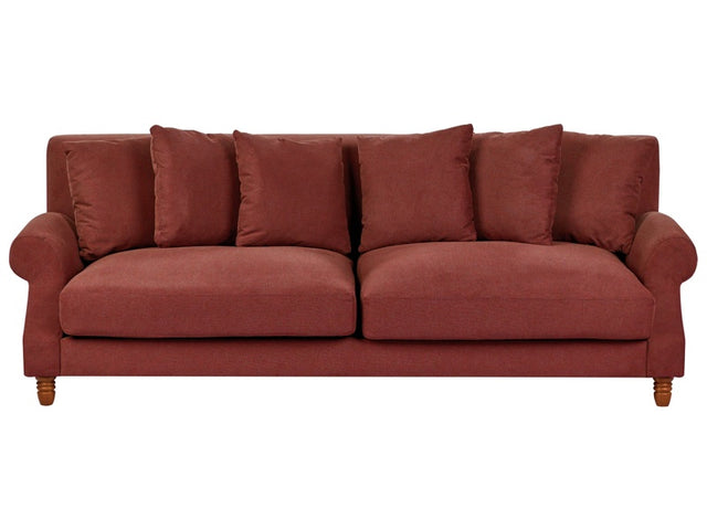 Sofa with 6 Pillows Red Fabric Polyester Upholstery Light Wood Legs 3 Seater Vintage Style Beliani