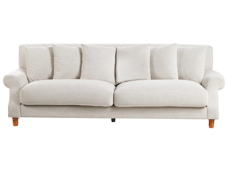 Sofa with 6 Pillows Off-White Fabric Polyester Fabric Upholstery Light Wood Legs 3 Seater Vintage Style Beliani