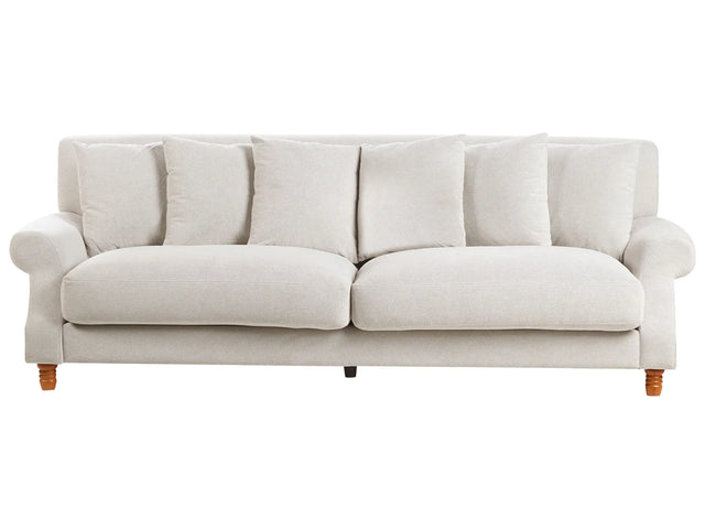 Sofa with 6 Pillows Off-White Fabric Polyester Fabric Upholstery Light Wood Legs 3 Seater Vintage Style Beliani