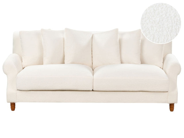 Sofa with 6 Pillows Off-White Boucle Upholstery Light Wood Legs 3 Seater Vintage Style Beliani