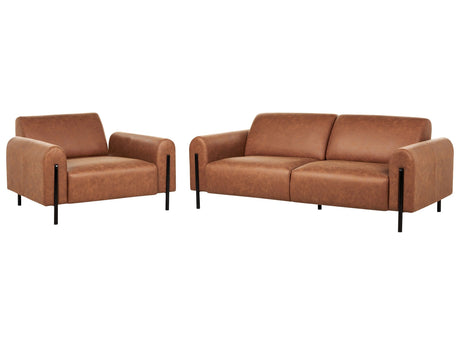 Living Room Set Golden Brown Fabric Metal Legs 3 Seater Sofa Lether Look Classic Couch Armchair Settee Adjustable Backrest Living Room Modern Beliani