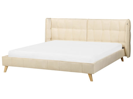 Bed Frame Beige Velvet Tufted Upholstery Light Wood Legs EU Super King Size 6ft Slatted with Adjustable Wingback Headboard Beliani