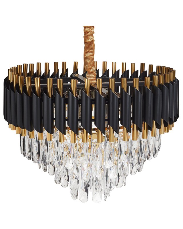 Chandelier Gold and Black Iron Pendant Lamp with Crystals Lighting Glamour Beliani