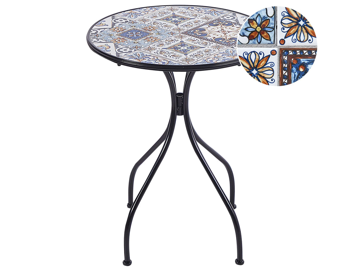 Garden Bistro Table Black Metal Iron Frame  60 cm Mosaic Tiles Pattern Tabletop Vintage Style Outdoor Beliani