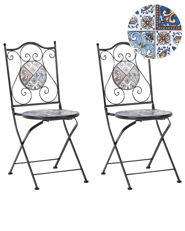 Set of 2 Garden Chairs Black Metal Iron Frame Folding Mosaic Tiles Pattern Vintage Style Outdoor Beliani