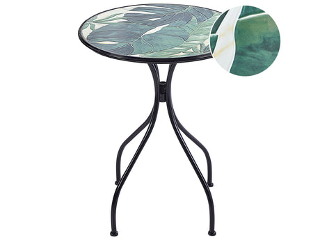 Garden Bistro Table Black Metal Iron Frame  60 cm Green Mosaic Tiles Pattern Tabletop Vintage Style Outdoor Beliani