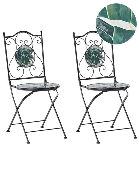 Set of 2 Garden Chairs Black Metal Iron Frame Folding Green Mosaic Tiles Pattern Vintage Style Outdoor Beliani