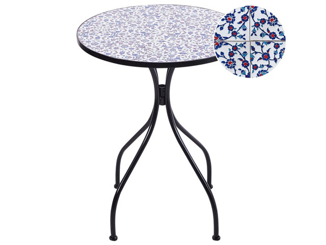 Garden Bistro Table Black Metal Iron Frame ø 60 cm Blue Mosaic Tiles Pattern Tabletop Vintage Style Outdoor Beliani