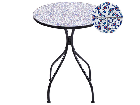 Garden Bistro Table Black Metal Iron Frame  60 cm Blue Mosaic Tiles Pattern Tabletop Vintage Style Outdoor Beliani