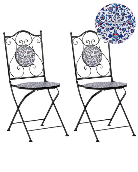 Set of 2 Garden Chairs Black Metal Iron Frame Folding Blue Mosaic Tiles Pattern Vintage Style Outdoor Beliani