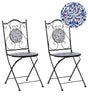 Set of 2 Garden Chairs Black Metal Iron Frame Folding Blue Mosaic Tiles Pattern Vintage Style Outdoor Beliani